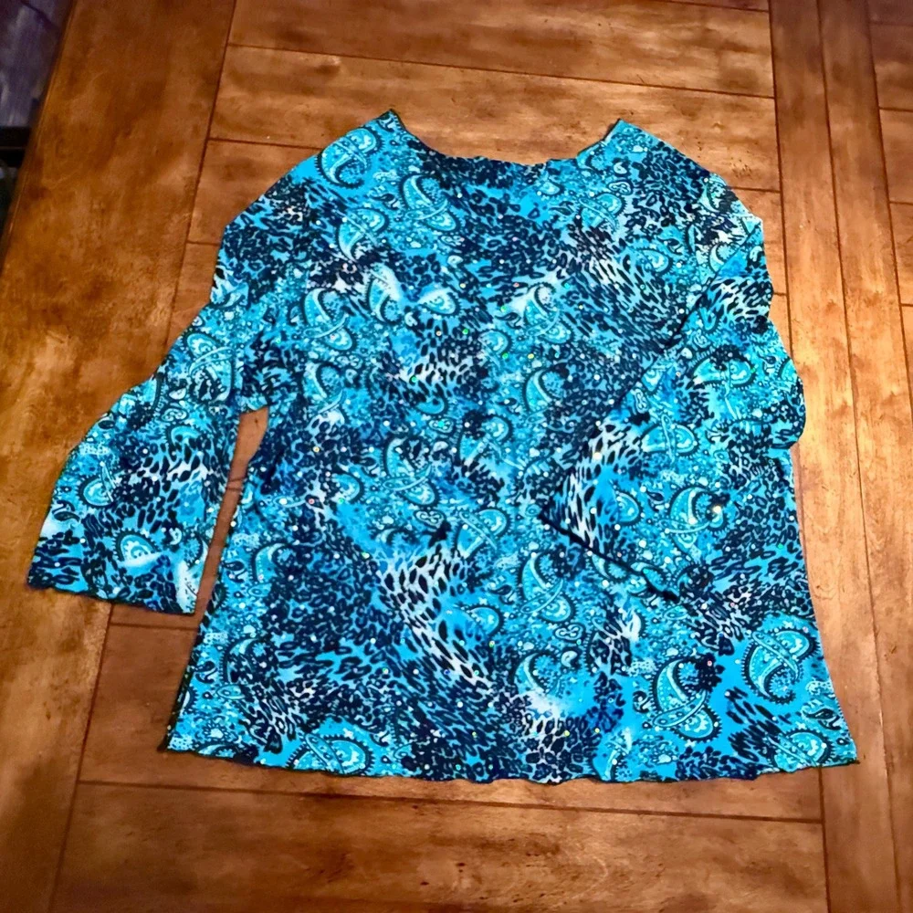 All Hours Women's XL Turquoise Leopard Paisley‎ Rhinestone Tunic Top 3/4 Sleeve